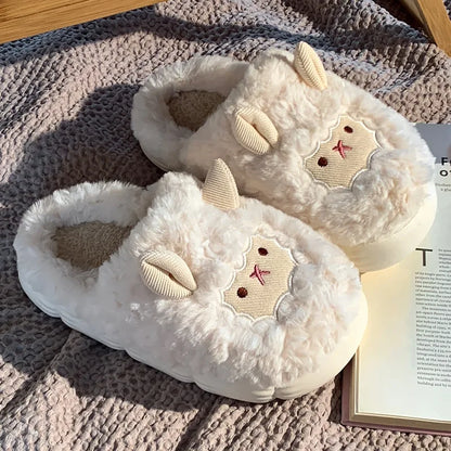 Unisex Sheep Fluffy Slippers – Cute Plush Non-Slip Cartoon Slides for Men & Women Winter House Shoes
