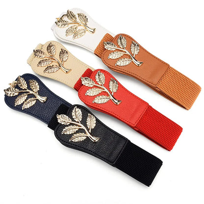 Women’s Wide Waist Belt – Gold Leaf Elastic with Double Hook Buckle, Fashionable Skirt Accessory