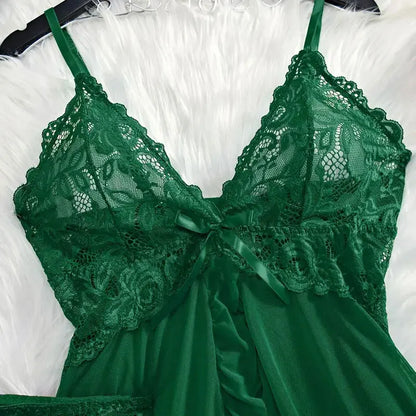 Women’s Lingerie Set — Plus Size Lace Nightgown, Thong & Suspender Sexy Sleepwear