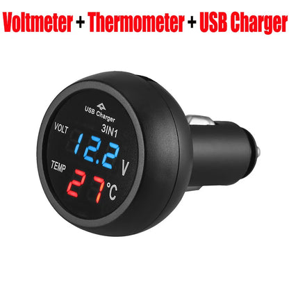 3-in-1 Car Charger & Voltmeter – 12/24V USB Charger with Thermometer, LED Digital Display & Current/Volt Detector