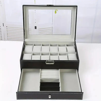 PU Leather Jewelry & Watch Organizer Box — Storage Case for Rings, Earrings, Bracelets, Perfect Gift Casket