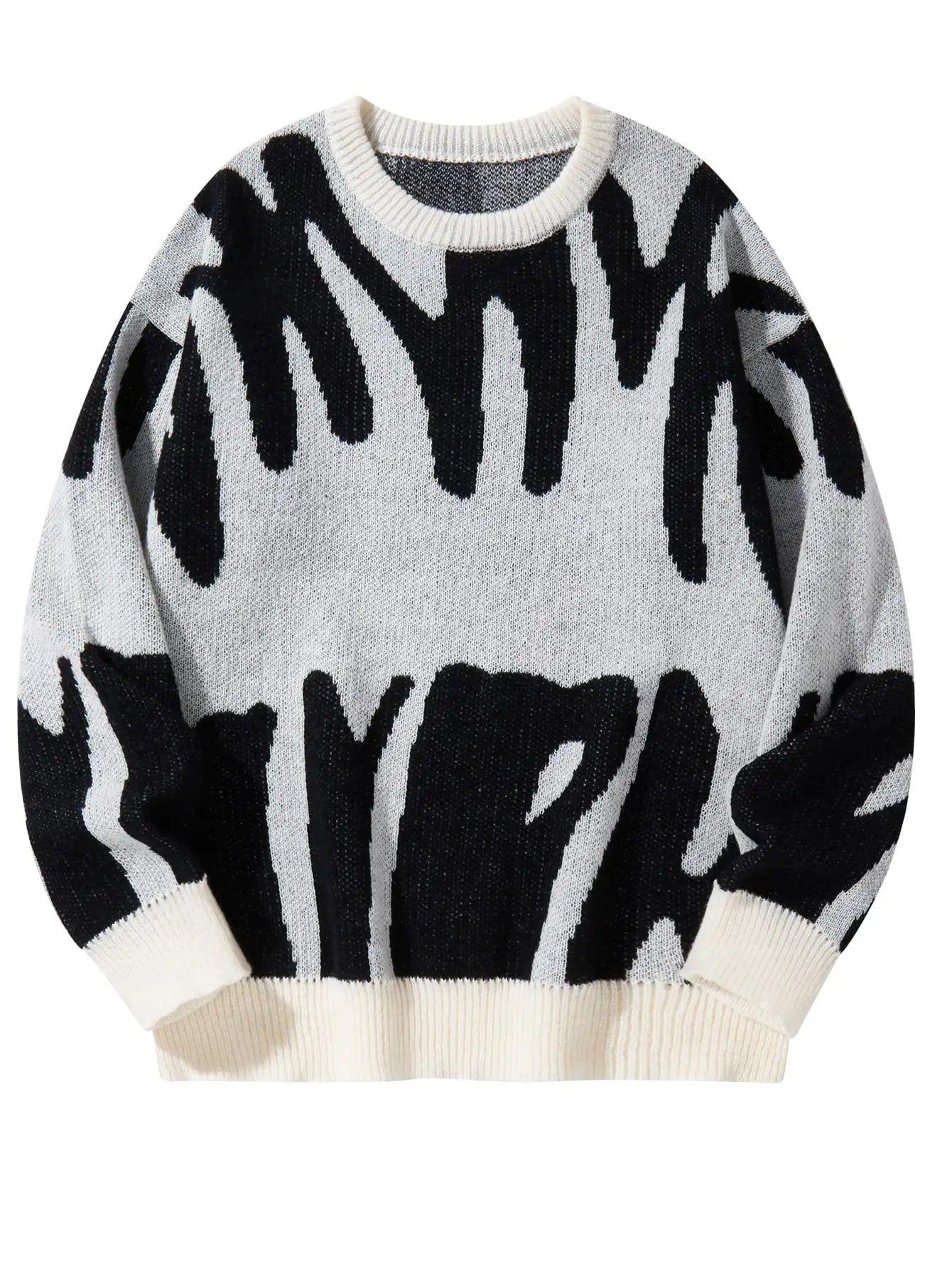 Men's Autumn Winter Jacquard Sweater - Irregular Pattern Contrast Color Round Neck Knitted Casual Pullover