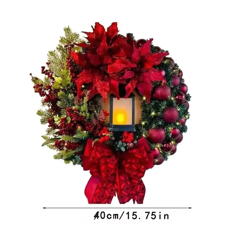 40cm Christmas Wreath with Lantern – Front Door Garland with Large Bow, Seasonal Holiday Ornament for Wall & Door Decor