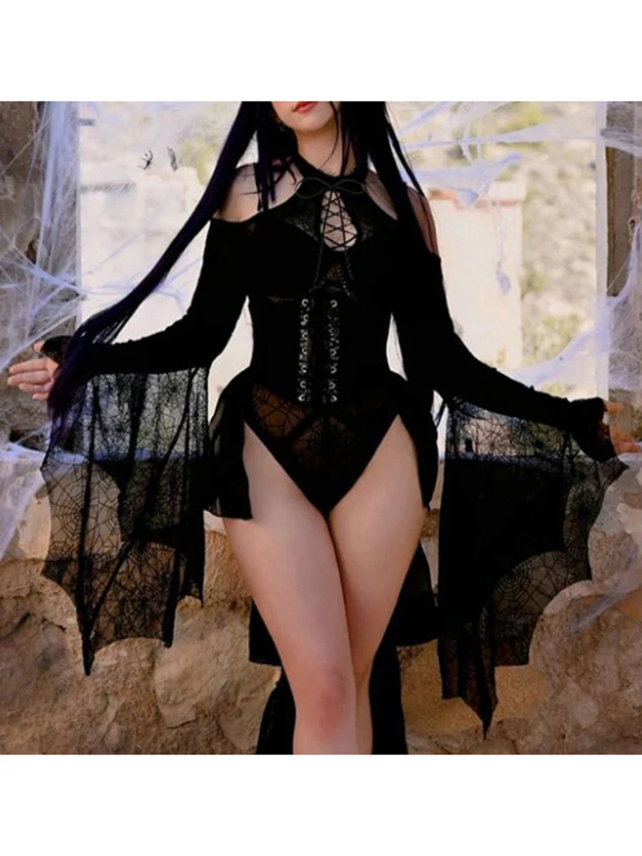 Halloween Women's Bodysuit — Long Sleeve Cold Shoulder Spider Web Romper, Sheer Clubwear Top