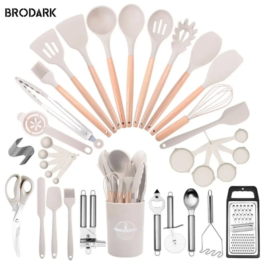 44pcs Premium Silicone Kitchen Utensil Set – Wooden Handles with Knife, Heat-Resistant Non-Stick Cooking Tools