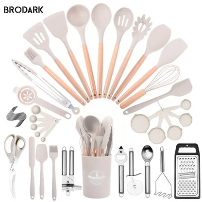 44pcs Premium Silicone Kitchen Utensil Set – Wooden Handles with Knife, Heat-Resistant Non-Stick Cooking Tools