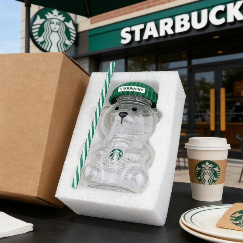 Starbucks Bearista Bear Glass Tumbler - 591ml 20oz Clear Cup with Green Lid & Straw
