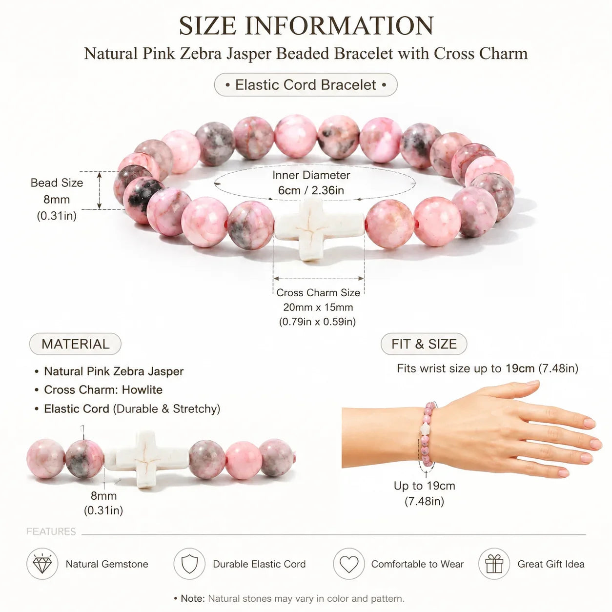 Natural Stone & Wood Bead Rosary Bracelet - Hematite Cross Meditation & Yoga Jewelry for Men & Women
