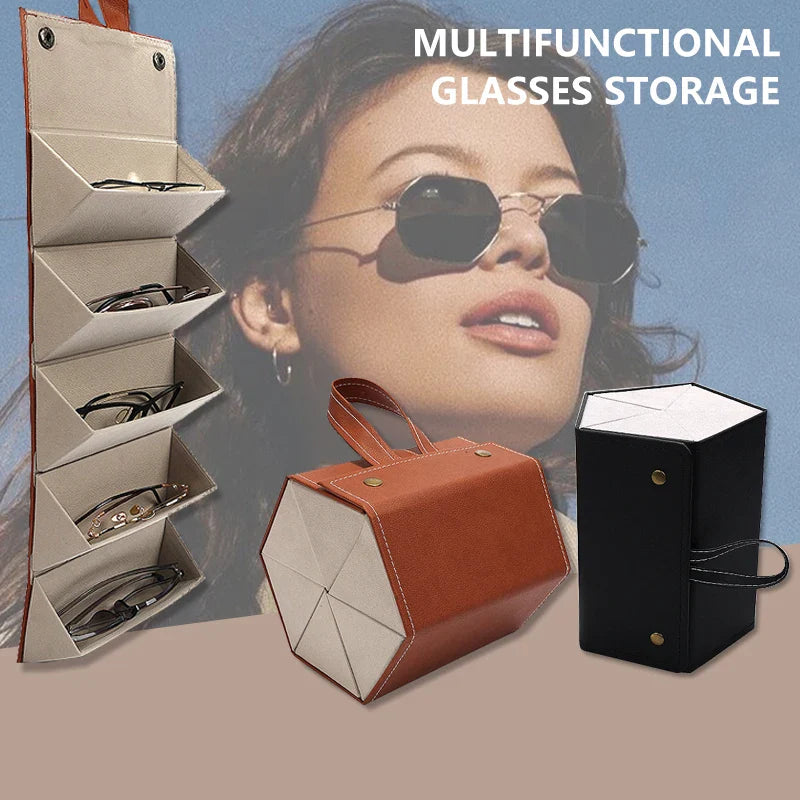 Portable Multi-Slot Eyeglasses Organizer: Travel-Friendly Folding Sunglasses PU Leather Case for Home Storage - 3/5 Grids Display