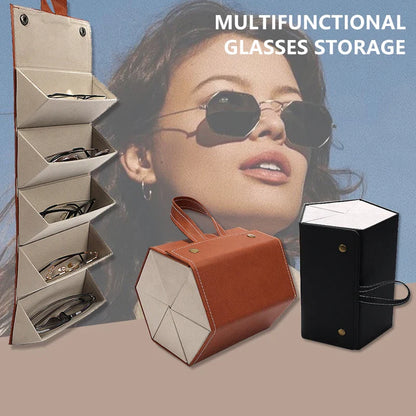 Portable Multi-Slot Eyeglasses Organizer: Travel-Friendly Folding Sunglasses PU Leather Case for Home Storage - 3/5 Grids Display