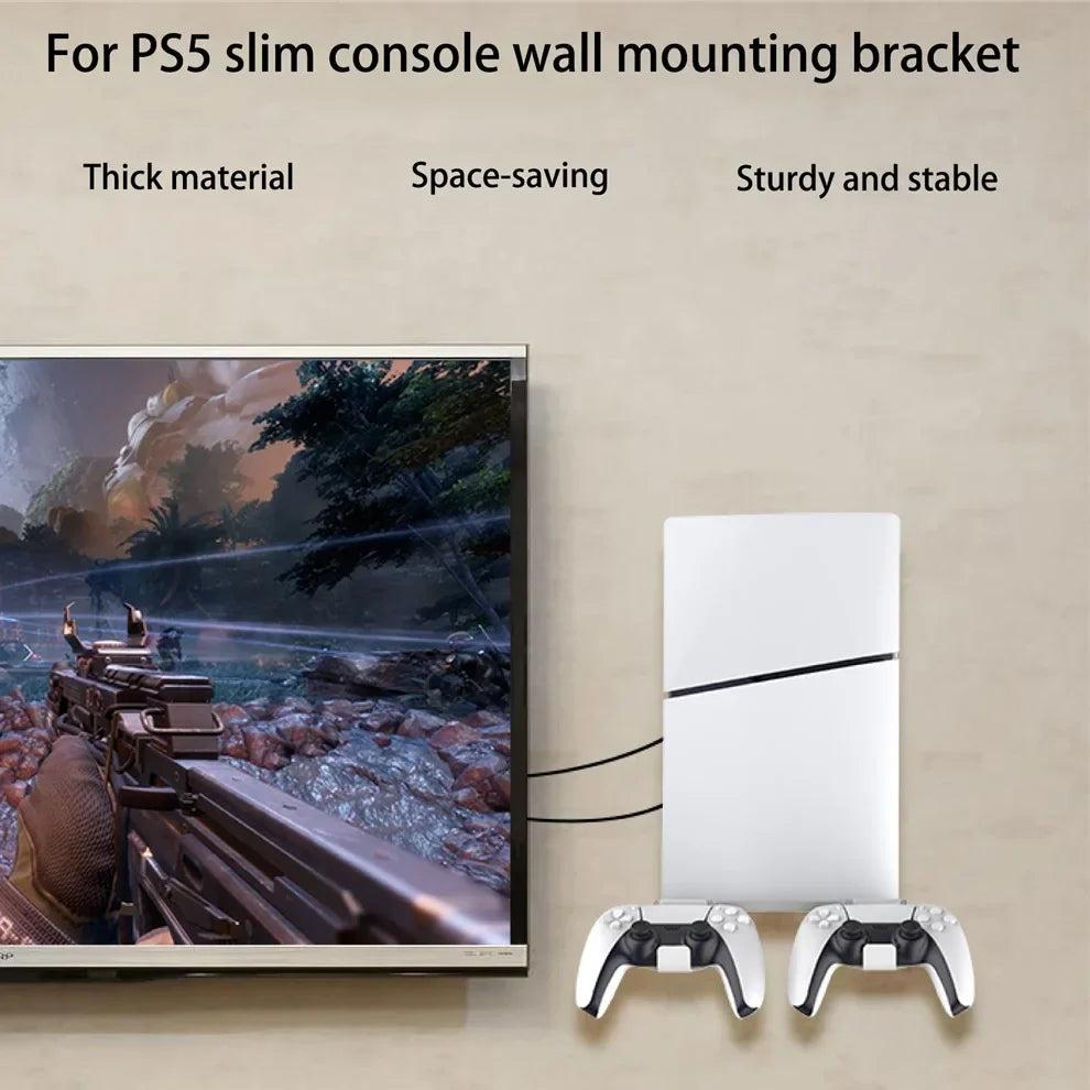 JOMAA Wall Mounted Console Stand for PS5 Slim - Solid Metal Holder with 2 Controller Mounts, Easy Installation Kit