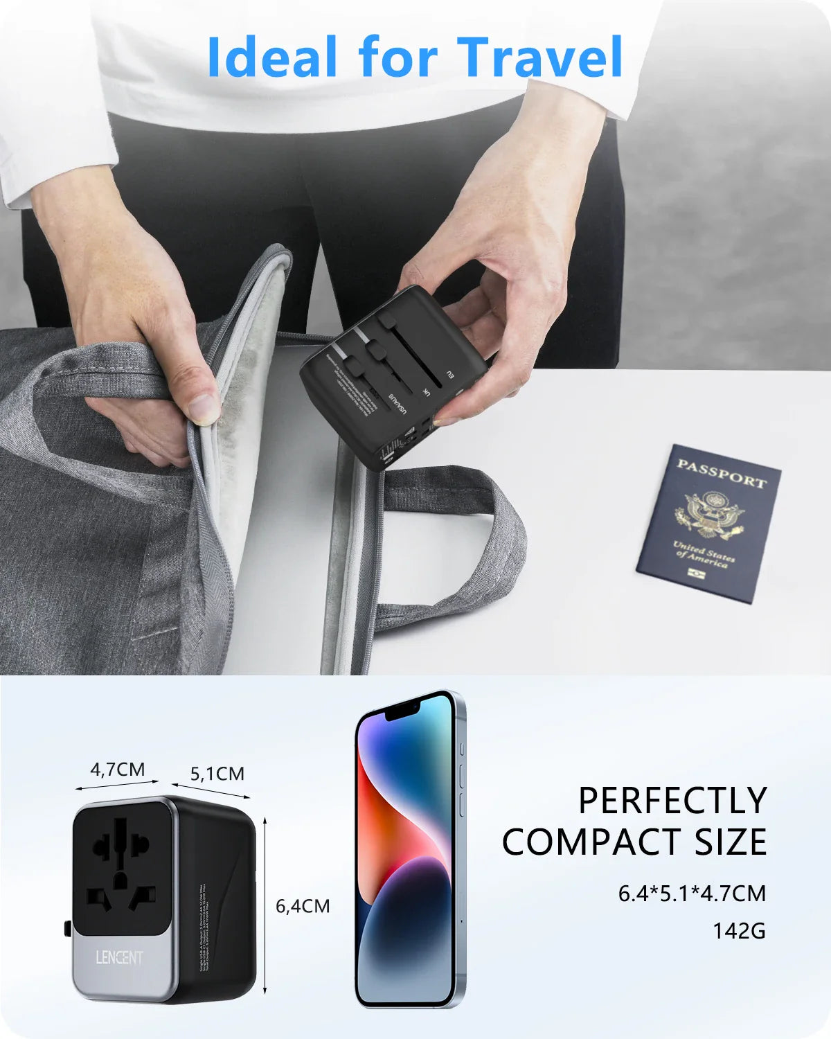 LENCENT Universal Travel Adapter with 3 USB Ports & Type-C PD Charging - EU/UK/USA/AUS Plug, All-in-One Travel Charger