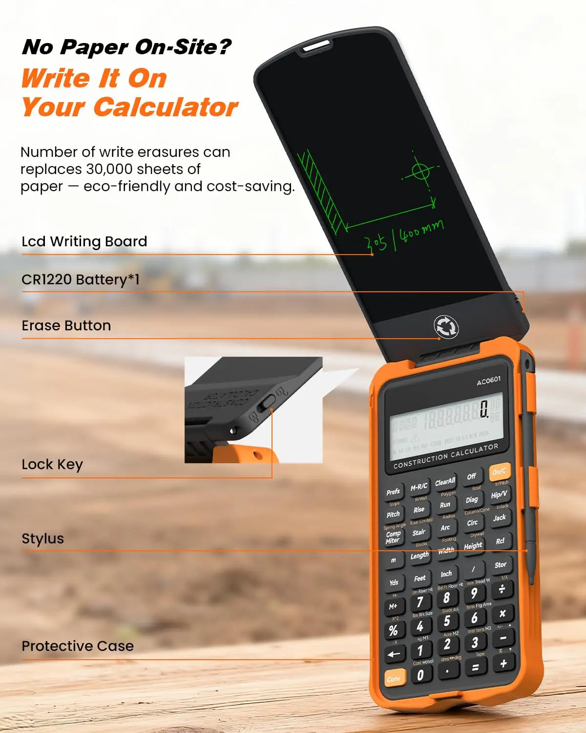 Construction Calculator with Writing Tablet – ROATEE Engineering & Industrial Pocket Contractor Calculator for Concrete, Building & Scientific Use