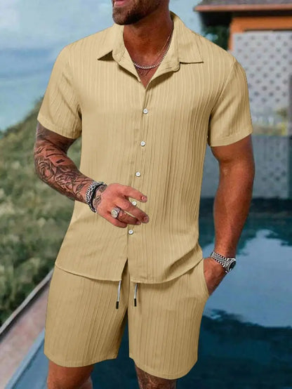 Men's Striped Jacquard Beach Shirt & Shorts Set — Spring Summer Casual Loose Fit, Europe & US Style