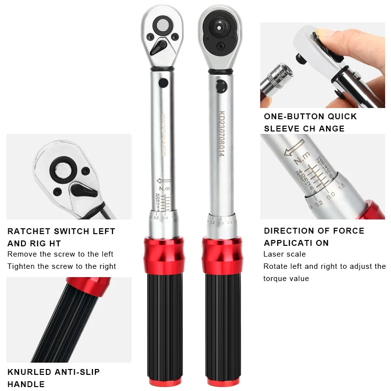 RIDERACE 15PCS Bicycle Torque Wrench Set | 1/4" 2-24Nm Dual Direction Allen Key & Socket Spanner Kit