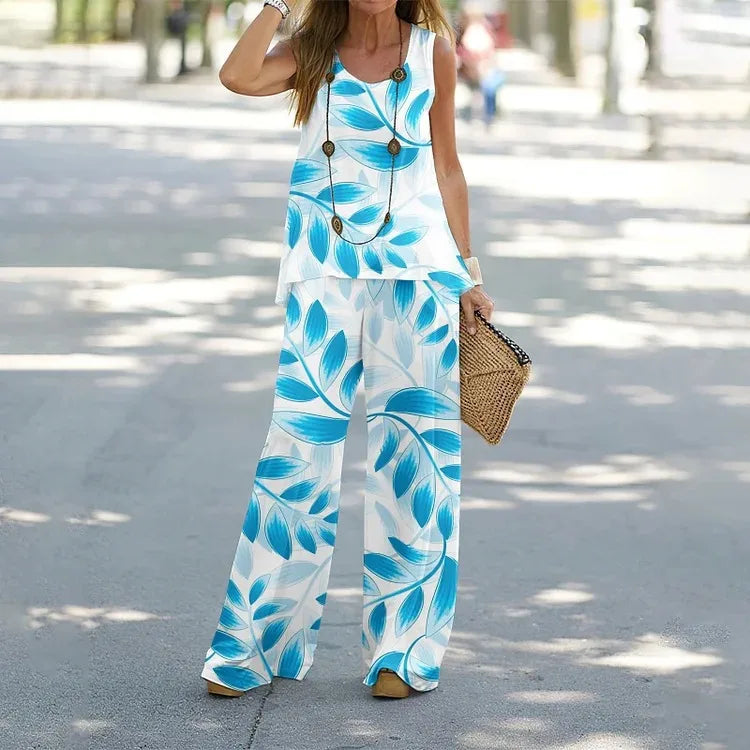 Women Printed 2-Piece Summer Suit Set – Sleeveless Round Neck Top & Wide Leg Pants Casual Loose Fit Outfit