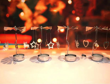 Silver Christmas Rotating Tea Light Candle Holder Carousel – Spinning Holiday Centerpiece Decor