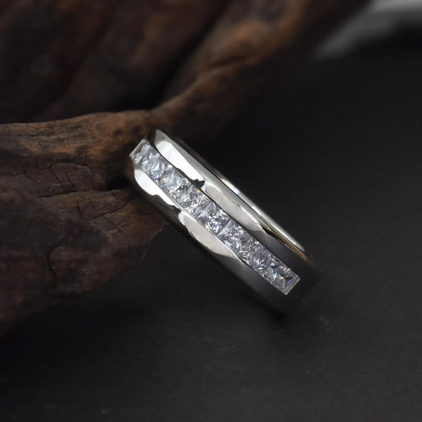 Newshe 925 Sterling Silver Moissanite Men’s Wedding Band – Half Eternity Princess Cut Lab-Created Diamond Ring