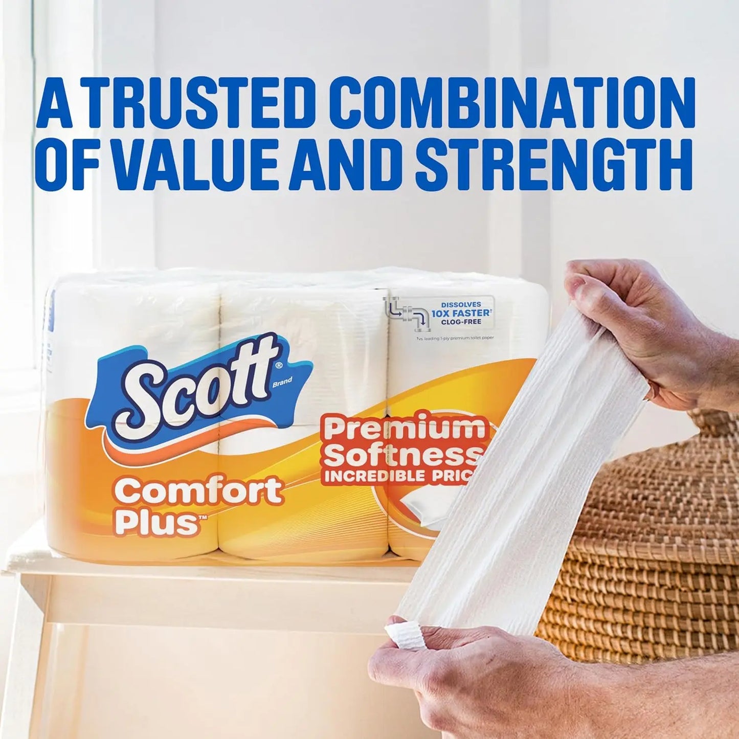 ComfortPlus 1-Ply Bath Toilet Paper - 12 Triple Rolls, 231 Sheets per Roll, Rapid-Dissolving Septic-Safe Bathroom Tissue