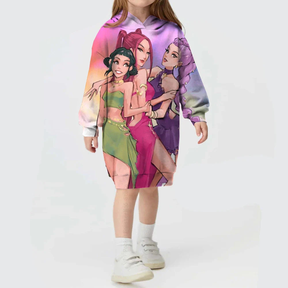KPop Demon Hunters Hoodie Dress — Rumi Cute Cartoon Sweatshirt Pullover for Girls, Long Sleeve Autumn Y2K Sportswear