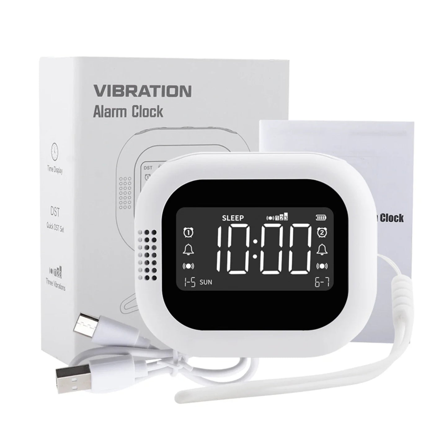 LED Vibration Alarm Clock - Rechargeable Wake-Up Clock with White Noise & Natural Sound