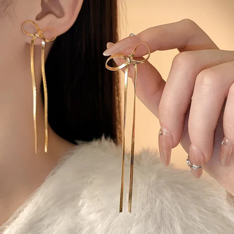Fashion Long Tassel Bow Earrings for Women – Stainless Steel Flat Snake Chain, Bowknot Drop Earrings – Statement Jewelry Gift for Girls