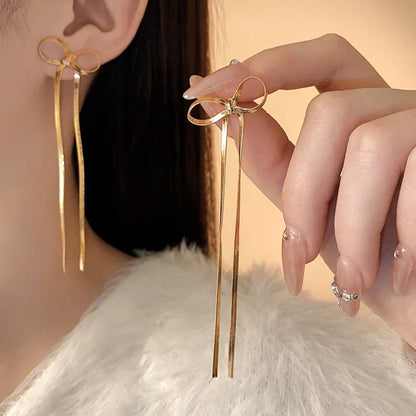 Fashion Long Tassel Bow Earrings for Women – Stainless Steel Flat Snake Chain, Bowknot Drop Earrings – Statement Jewelry Gift for Girls