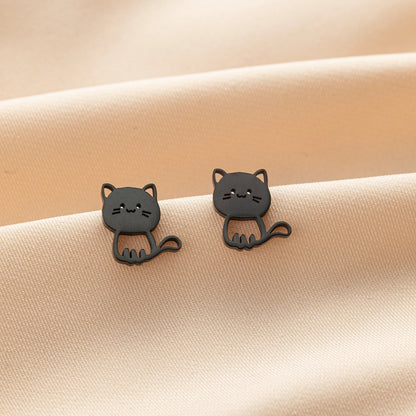 Jisensp Cartoon Cat Earrings — Cute Stainless Steel Kitten Studs for Women & Girls, Funny Animal Jewelry