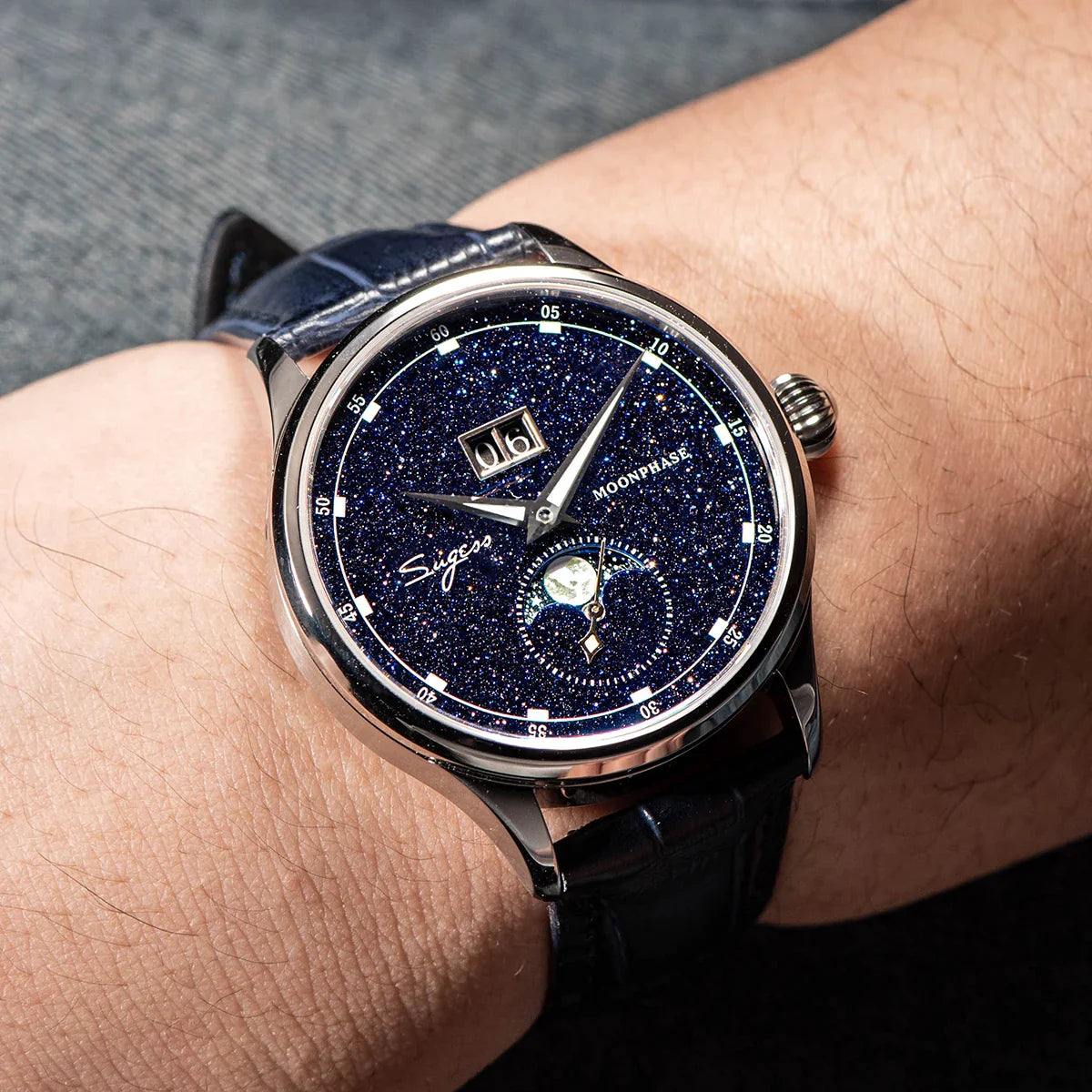 Sugess Origin ST2528 Mechanical Watch – Men's Luxury Moonphase Wristwatch with Real Blue Stone Dial & Stainless Steel Case