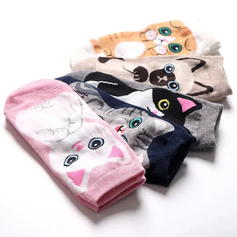 5 Pairs Women's Cute Cartoon Cat Ankle Socks - Breathable & Stylish for Everyday Wear