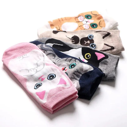 5 Pairs Women's Cute Cartoon Cat Ankle Socks - Breathable & Stylish for Everyday Wear