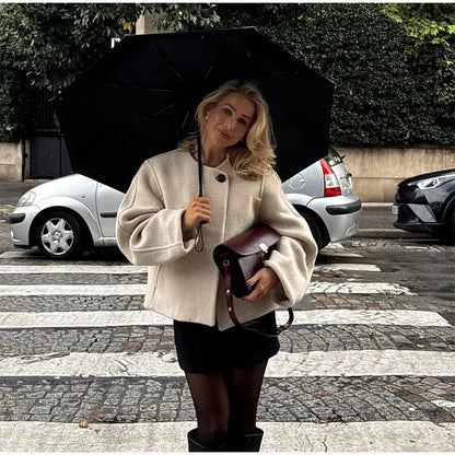 2024 Women's Elegant Solid Wool Blend Cardigan Coat – Round Neck, Single Button, Long Sleeve High Street Outwear