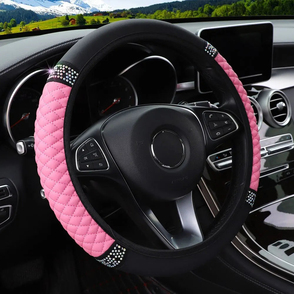 37-38cm Car Steering Wheel Cover: Three-dimensional Leather with Embroidered Color Diamond-encrusted Design - Breathable, No Inner Ring