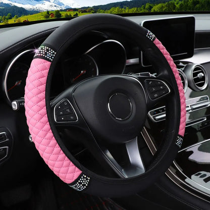 37-38cm Car Steering Wheel Cover: Three-dimensional Leather with Embroidered Color Diamond-encrusted Design - Breathable, No Inner Ring