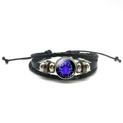 New Men's 12 Constellation Black Braided Leather Bracelet – Punk Style Zodiac Sign Multilayer Wrap Bracelet for Birthday Gifts