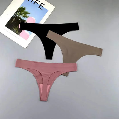 3PCS Ice Silk Seamless Thong Set for Women – Solid Low Rise Sexy G-String Sports Underwear, S-XL Sizes