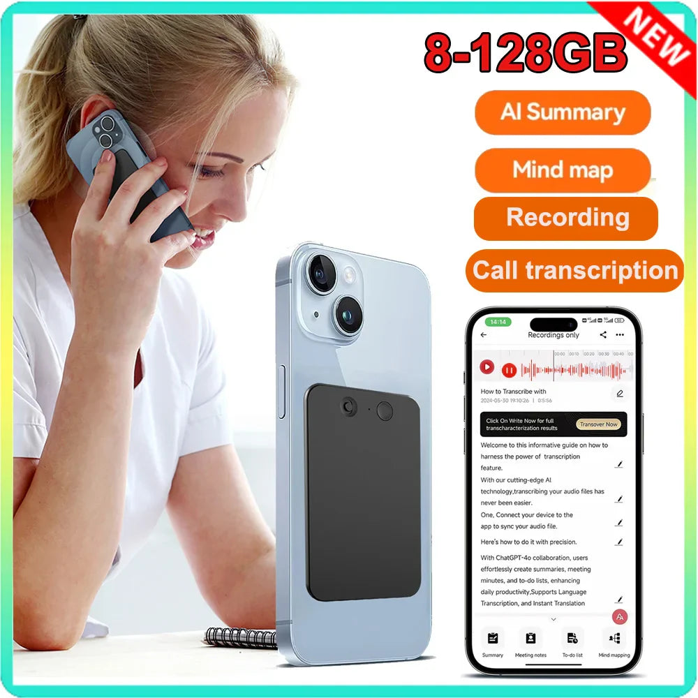 Smart AI ChatGPT-4 Voice Call Recorder — Real-Time Summarize Translator Device with Phone Charging, 8-128GB Storage