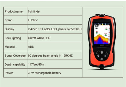 Lucky Sonar Fish Finder FF1108-1CWLA – Rechargeable Wireless Sensor, 45M Depth Echo Sounder for Portable Fishing