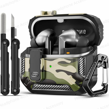 Shockproof Carbon Fiber Camouflage Case for Galaxy Buds 3 Pro – Secure Lock Clip & Cleaning Kit Included – Full Body Protective Cover
