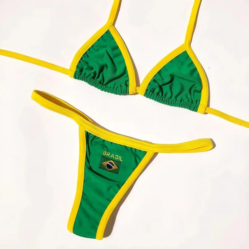 Women’s Brazil Flag Embroidery Bikini Set – Contrast Split Patchwork Swimsuit, Sexy Summer Beachwear Outfit