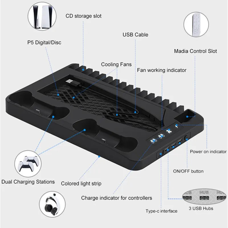 GAMINJA P58 P5 Stand Cooling Station for PlayStation 5 - RGB Light Cooling Fan with Dual Controller Charger, PS5 Gaming Accessories