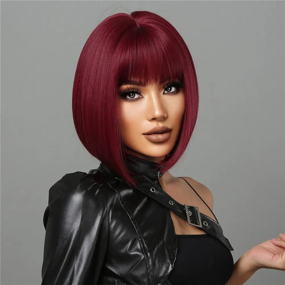 Wine Red Short Bob Wigs for Women - Burgundy Bob Wigs with Thick Bangs, Heat Resistant Synthetic Wig