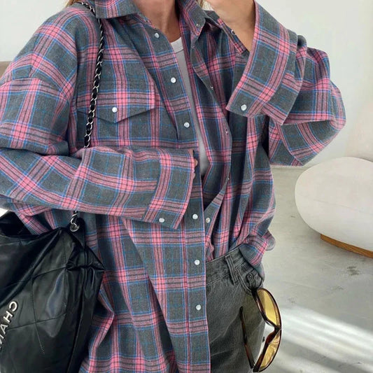 New Vintage Women’s Oversized Plaid Shirt – Long Sleeve Button-Down Blouse with Lapel & Pockets, Korean Style for Autumn & Winter