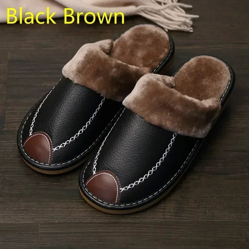 Men & Women Winter PU Leather Slippers — Black Waterproof Indoor Home Shoes, Warm Cozy House Slippers