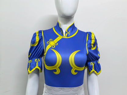 Chun-Li Cosplay Costume - Women’s Blue Cheongsam Dress with Headdress & Waistband for Halloween