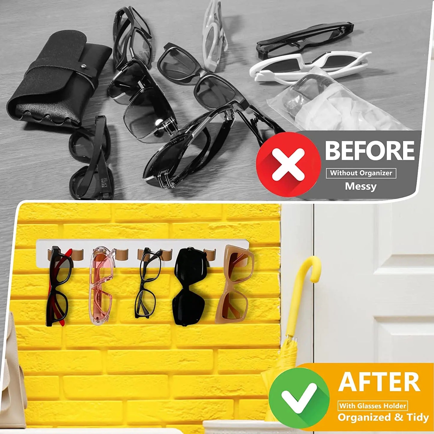 Bamboo Wood Sunglass Organizer for Wall - Eyeglass Hanging Holder and Sunglasses Storage Solution
