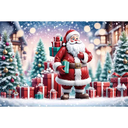 MOON.QG Christmas Santa Claus Village Backdrop – Holiday Photo Studio Background with Trees & Gifts for Home Decoration