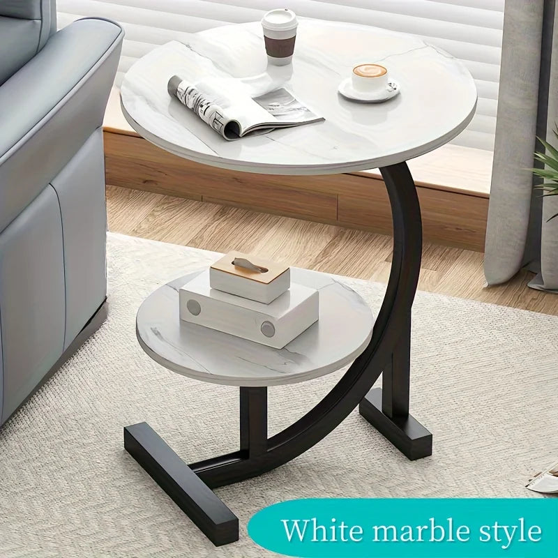 Modern Iron & Wood Side Table with White Marble Top – Storage Shelf, Space-Saving Nightstand for Bedroom & Living Room