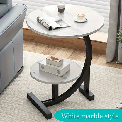 Modern Iron & Wood Side Table with White Marble Top – Storage Shelf, Space-Saving Nightstand for Bedroom & Living Room