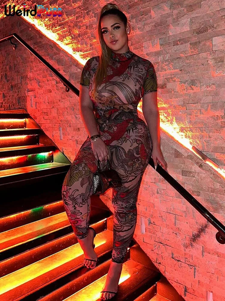 Weird Puss See-Through Jumpsuit for Women - Backless Dragon Print Short Sleeve Fitness & Workout Slim Stretch Clubwear